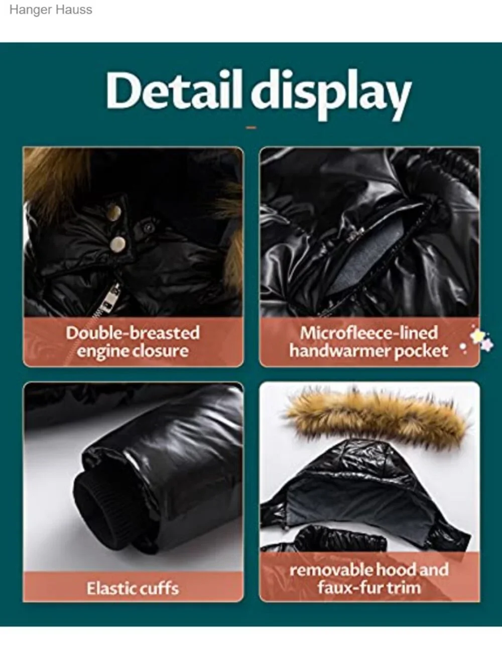 Kids Metallic Shiny Jacket with Detachable Fur Collar Warmth Winter Outerwear